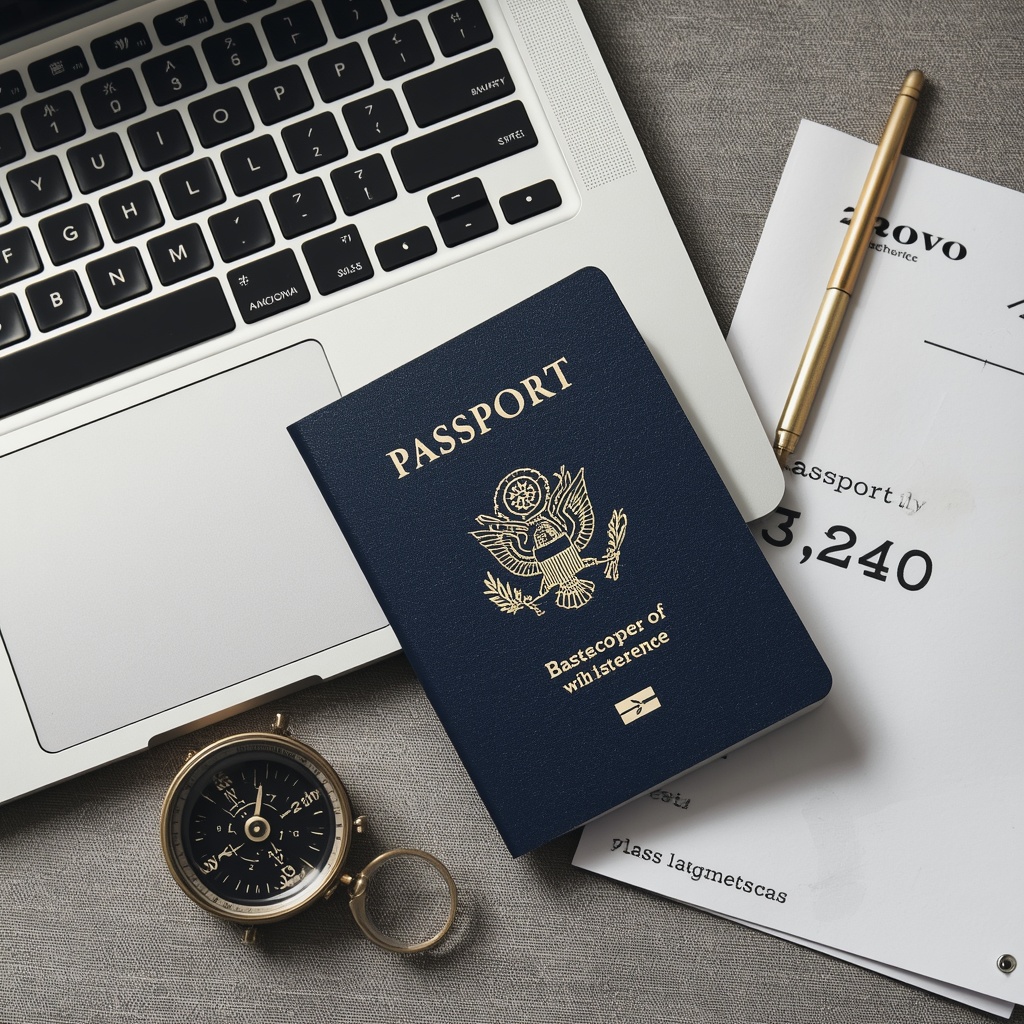A close-up of a modern passport on top of a sleek laptop keyboard next to a vintage compass and a minimalist boarding pass, elegant flat lay, soft natural lighting, high resolution, no people